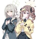  2girls black_skirt blonde_hair blue_archive bow bowtie braid bright_pupils cardigan closed_mouth collared_shirt frown green_jacket grey_hair hair_bow hair_ornament hairclip halo hands_on_own_chest highres jacket light_blush long_hair long_sleeves looking_at_viewer migolu miyo_(blue_archive) multicolored_hair multiple_girls purple_eyes raised_eyebrows rena_(blue_archive) shirt shirt_tucked_in sidelocks simple_background skirt streaked_hair twintails upper_body v-shaped_eyebrows white_background white_pupils white_shirt yellow_cardigan yellow_eyes 