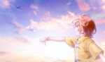  1boy aircraft airplane bracelet closed_mouth cloud cloudy_sky commentary highres hirogaru_sky!_precure jewelry kyoutsuugengo male_focus orange_hair outdoors paper_airplane precure red_eyes shirt short_hair short_sleeves sky smile solo throwing twilight yellow_shirt yuunagi_tsubasa 