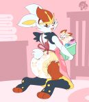 3_toes absurd_res accessory ambiguous_gender anthro apron arm_tuft artist_logo black_body black_fur blush blush_lines bubblepuppers buckteeth cheek_tuft cinderace clean_diaper clothed clothing container crib diaper drawer ears_as_hair facial_tuft feet folded_diaper full-length_portrait fur generation_8_pokemon hair hair_accessory hair_tie hi_res holding_container holding_object kneeling leg_markings logo looking_at_viewer looking_back looking_back_at_viewer markings nintendo on_ground open_mouth open_smile pattern_diaper pink_background plushie pokemon pokemon_(species) pokemon_plushie portrait red_body red_bow red_fur red_hair red_nose scorbunny shoulder_tuft simple_background smile socks_(marking) solo teeth three-quarter_view toeless_(marking) toeless_socks_(marking) toes tuft wearing_diaper white_diaper white_ears yellow_body yellow_fur yellow_inner_ear yellow_markings