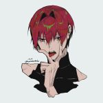  1boy black_eyes commentary_request cropped_shoulders fate/grand_order fate_(series) hair_intakes harada_sanosuke_(fate) highres looking_at_viewer male_focus narunaruki open_mouth red_hair shirt short_hair simple_background sleeveless sleeveless_shirt solo tongue tongue_out v v_over_mouth white_background 