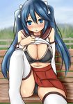  bad_id bad_pixiv_id blue_eyes blue_hair blush bra breasts cleavage commentary_request eyebrows eyebrows_visible_through_hair hair_between_eyes hair_ribbon highres isuzu_(kantai_collection) kantai_collection large_breasts long_hair looking_at_viewer open_clothes open_mouth pleated_skirt red_skirt ribbon school_uniform serafuku skirt solo terakoya thighhighs twintails underwear white_legwear 