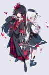  2girls absurdres armband back-to-back beret black_dress black_hair black_hat black_shirt black_shoes black_skirt bug butterfly cherry_blossoms chinese_commentary closed_mouth collared_shirt commentary_request dress flower full_body gradient_hair grey_background hair_flower hair_ornament hand_up hat highres liusang long_hair long_sleeves looking_at_viewer looking_back mahou_shoujo_no_majo_saiban multicolored_hair multiple_girls necktie nikaido_hiro pink_eyes pink_hair pleated_skirt red_armband red_butterfly red_eyes red_flower red_necktie sakuraba_ema shirt shoes short_hair skirt standing white_hair x_hair_ornament 