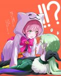  !? 1boy 1girl :3 ? animal_hood back_bow battamonda black_pants black_ribbon blue_skin blush bow bowtie cat_hood coat colored_skin commentary dress earrings fang frilled_dress frills frown fur-trimmed_coat fur_trim ghost_costume green_coat green_eyes hair_ribbon halloween_costume hetero highres hirogaru_sky!_precure hood hood_up hooded_coat jack-o'-lantern_ornament jewelry kneeling kyoutsuugengo long_hair long_sleeves looking_at_another low_ponytail lying medium_dress nervous_sweating nijigaoka_mashiro on_back open_mouth orange_background orange_dress pants pink_hair pointy_ears ponytail precure purple_dress red_bow red_bowtie ribbon simple_background smile spoken_question_mark straddling sweat translated two-tone_dress white_coat 