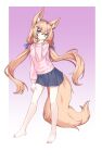  1girl absurdres animal_ear_fluff animal_ears breasts brown_hair closed_mouth commentary_request eyebrows_hidden_by_hair fox_ears fox_girl fox_tail full_body green_eyes hair_between_eyes hair_ornament hair_ribbon hairclip hand_on_own_thigh highres light_blush long_hair looking_at_viewer original pink_sweater ribbon small_breasts solo sticker sticker_on_face sweater tail toes twintails ze_zhi_ai 