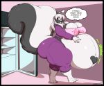 2025 absurd_res anthro appliance barefoot belly belly_expansion belly_overhang big_belly big_breasts big_butt big_navel big_tail biped black_body black_border black_fur black_nails bloated border bottomwear breasts butt cleavage clenched_teeth clothed clothing colored_nails deonwolf digital_drawing_(artwork) digital_media_(artwork) english_text expansion feet female fluffy fluffy_tail fridge fridge_raid frown fur hair hand_on_belly hand_on_own_belly heart_(marking) hi_res huge_belly huge_breasts huge_butt huge_hips hyper hyper_belly inside jacket jessica_(coaster14) kitchen_appliance looking_back mammal markings mephitid multicolored_body multicolored_fur nails navel obese obese_anthro obese_female onomatopoeia open_clothing open_fridge open_jacket open_topwear outie_navel overweight overweight_anthro overweight_female pants purple_eyes rumbling_stomach shirt signature skunk solo sound_effects stuffing tail teeth text text_on_clothing text_on_shirt text_on_topwear thick_thighs thought_bubble topwear two_tone_body two_tone_fur undersized_clothing walking white_body white_fur white_hair wide_hips worried