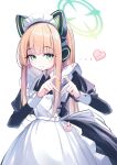 1girl alternate_hairstyle animal_ear_headphones animal_ears apron black_dress blonde_hair blue_archive blush borrowed_clothes cat_ear_headphones cat_ears chosunbe closed_mouth dress fake_animal_ears four-finger_heart_hands frilled_apron frills green_eyes green_halo halo hands_up headphones heart heart_hands highres long_hair long_sidelocks long_sleeves maid maid_apron maid_headdress midori_(blue_archive) midori_(maid)_(blue_archive) official_alternate_costume sidelocks simple_background smile solo upper_body white_apron white_background 