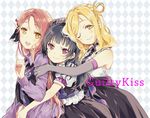  argyle argyle_background bad_id bad_twitter_id bangs black_hair blonde_hair blush braid checkered checkered_background choker clenched_hand crown_braid elbow_gloves frills girl_sandwich gloves grin group_hug group_name guilty_kiss_(love_live!) hair_ornament hair_rings hand_on_another's_head hug hug_from_behind long_hair long_sleeves looking_at_viewer love_live! love_live!_sunshine!! multiple_girls nakayama_miyuki ohara_mari one_eye_closed open_mouth puffy_short_sleeves puffy_sleeves red_eyes sakurauchi_riko sandwiched short_sleeves side_bun skirt sleeveless smile strawberry_trapper tsushima_yoshiko yellow_eyes 