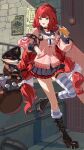  1girl asymmetrical_legwear black_boots boots bottle bow commentary full_body hair_bow hair_ornament highres holding holding_bottle kamanosuke_(zenless_zone_zero) knee_boots long_hair long_sleeves looking_at_animal loose_thighhigh low_twintails official_art outdoors raccoon red_hair school_uniform skindentation skirt smile solo sphere_hair_ornament standing standing_on_one_leg striped_clothes striped_thighhighs sweater thigh_strap thighhighs twintails ukinami_yuzuha uneven_legwear very_long_hair white_bow zenless_zone_zero 