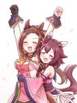  2girls animal_ears arms_up asymmetrical_gloves cherry_blossoms closed_eyes commentary detached_sleeves ear_covers ear_ornament epaulettes fingerless_gloves flower gloves gold_hairband hair_flaps hair_flower hair_ornament hairband highres horse_ears horse_girl horse_tail hug hug_from_behind japanese_clothes kimono koyomeru mismatched_gloves multiple_girls neckerchief pink_kimono pink_sleeves ponytail sakura_bakushin_o_(blossom_in_learning)_(umamusume) sakura_bakushin_o_(umamusume) sakura_chiyono_o_(hinoshita_kaisan_hana_akari)_(umamusume) sakura_chiyono_o_(umamusume) sleeveless sleeveless_jacket sleeveless_kimono smile tail umamusume untranslatable_commentary yellow_neckerchief 