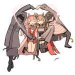  1other 360_(taiyo360) 3girls absurdres angelina_(arknights) animal_ears arknights arknights:_endfield black_coat black_hair black_pantyhose black_thighhighs brown_hair coat commentary_request doctor_(arknights) endministrator_(arknights) female_endministrator_(arknights) fox_ears fox_girl gilberta_(arknights) heart heart_hands heart_hands_duo highres long_hair multiple_girls open_clothes open_coat pantyhose short_hair simple_background thighhighs twintails v white_background 