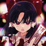  1girl :o ascot between_fingers black_hair bow commentary_request frilled_bow frills hair_bow hair_tubes hakurei_reimu highres holding holding_ofuda katsuragi_atori long_hair ofuda ofuda_between_fingers open_mouth parted_bangs portrait red_ascot red_bow red_eyes red_vest ribbon_trim shirt sidelocks solo touhou vest white_shirt 