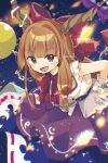  1girl :d belt black_belt blunt_bangs bow bowtie brown_hair brown_horns chain commentary_request cuffs fang frilled_wrist_cuffs frills gourd hair_bow hand_on_own_hip highres horn_bow horn_ornament horn_ribbon horns ibuki_suika katsuragi_atori long_hair looking_at_viewer low-tied_sidelocks oni open_mouth purple_bow purple_skirt red_bow red_bowtie ribbon shackles shirt sidelocks single_sidelock skirt sleeveless sleeveless_shirt smile solo touhou white_shirt white_wrist_cuffs wrist_cuffs 
