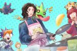  1girl 3boys animal_on_shoulder apron bat_(animal) black_hair blonde_hair blue_background blue_fire blue_hair blue_jacket brown_hair chiropmon closed_eyes commentary cougarmon digimon digimon_(creature) digimon_beatbreak dragonwilbert fire food frying_pan gecko gekkomon highres holding holding_frying_pan jacket kuonji_makoto multicolored_hair multiple_boys orange_hair pancake pink_apron pristimon sakuya_reina sawashiro_kyo short_hair sparkling_eyes star_(symbol) tenma_tomoro two-tone_hair untranslatable_commentary white_jacket 
