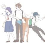  1girl 2boys ahoge alternate_costume antenna_hair backpack bag blunt_bangs book braid brown_eyes brown_hair collarbone collared_shirt commentary deer from_side full_body genshin_impact green_eyes green_hair hair_between_eyes hand_on_another's_stomach handbag holding holding_book light_blush long_braid long_sleeves looking_to_the_side maroneeeeesan multicolored_hair multiple_boys nervous notice_lines open_mouth pants pulling purple_eyes purple_hair raiden_shogun school_uniform shirt short_sleeves single_braid skirt spoken_food streaked_hair venti_(genshin_impact) white_background zhongli_(genshin_impact) 