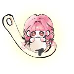  1girl :3 black_bow black_ribbon blunt_bangs bow brown_eyes chibi chinese_commentary circle closed_mouth commentary_request dripping eating fengmi_youzi_hua food_request frilled_skirt frills hair_bow hair_intakes hair_ribbon hair_spread_out highres infinity_nikki ladle light_blush long_hair looking_at_viewer low_twintails medium_skirt nikki_(nikki) nikki_(series) oversized_food oversized_object perfect_start_(infinity_nikki) pink_hair pink_skirt ribbon sidelocks skirt smile solo tress_ribbon twintails two-tone_background very_long_hair white_background yellow_background 