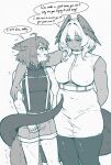  2girls arknights arm_behind_back belt blue_eyes blush breasts caffichai closed_mouth commentary covered_navel covered_nipples cowboy_shot cutter_(arknights) english_commentary english_text eye_contact fang greyscale hair_between_eyes head_wings heart highres ho'olheyak_(arknights) large_breasts looking_at_another medium_hair monochrome multiple_girls open_mouth plump poking_belly red_eyes shorts simple_background sleeveless snake_tail speech_bubble spoken_heart spot_color standing sweat tail talking thick_thighs thighs wings 