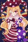  1girl @_@ american_flag_dress blonde_hair clownpiece commentary_request dress facial_mark grin hair_between_eyes hand_on_own_hip hat highres jester jester_cap katsuragi_atori long_hair looking_at_viewer mark_under_eye multicolored_nails nail_polish neck_ruff one_eye_closed polka_dot_headwear puff_and_slash_sleeves puffy_short_sleeves puffy_sleeves purple_nails red_eyes red_nails short_sleeves smile solo sparkle star_(symbol) striped_clothes striped_dress teardrop_facial_mark touhou two-tone_nails 