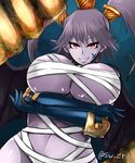  bandages breast_hold breasts bursting_breasts crossed_arms dark_skin elbow_gloves from_below gloves highres huge_breasts looking_at_viewer lord_of_vermilion naughty_face purple_skin smile solo souren 
