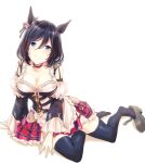  1girl animal_ears batako_(pfbatakopd) black_hair black_thighhighs blue_eyes blush bob_cut bodice breasts choker cleavage closed_mouth collarbone commentary_request detached_sleeves dirndl ear_ornament ear_ribbon ear_scrunchie eishin_flash_(meisterschaft)_(umamusume) eishin_flash_(umamusume) german_clothes hair_between_eyes horse_ears horse_girl large_breasts looking_at_viewer red_choker red_skirt scrunchie shirt short_hair simple_background skirt smile solo striped_clothes striped_skirt swept_bangs thighhighs umamusume vertical-striped_clothes vertical-striped_skirt white_background white_scrunchie white_shirt 