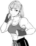  1girl abs bandaid bandaid_on_cheek bandaid_on_face breasts clenched_hands commentary_request fighting_stance greyscale hand_wraps highres lee_(dragon_garou) linea_alba medium_breasts monochrome original pants smile solo sports_bra sweatpants toned toned_female twintails upper_body 