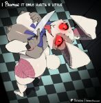 2025 anthro berrypunchz big_breasts big_butt breasts butt clothing costume digital_media_(artwork) english_text female five_nights_at_freddy's high-angle_view holding_knife holding_object huge_breasts knife lagomorph leporid licking_knife long_ears looking_at_viewer looking_up looking_up_at_viewer mammal nipples rabbit red_eyes scottgames seam_(sewing) short_tail solo tail text thick_thighs vanny_(fnaf) whiskers