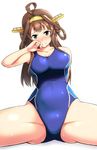 ahoge arm_up bangs blue_swimsuit blunt_bangs blush breasts cleavage competition_swimsuit hand_to_own_mouth head_tilt headgear kantai_collection kongou_(kantai_collection) large_breasts long_hair nose_blush one-piece_swimsuit purple_eyes shigure_ryuunosuke simple_background sitting skin_tight smile solo spread_legs sweatdrop swimsuit white_background 