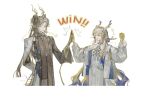  1boy 1girl ^_^ absurdres arknights arm_behind_back blonde_hair blue_hair brother_and_sister cheering closed_eyes coat colored_extremities commentary_request cropped_legs dragon_boy dragon_girl dragon_horns dragon_tail dun_de_xue_yanjiusheng eastern_dragon_horns grey_hair hair_ornament hair_stick high_five highres horns ji_(arknights) looking_at_another mole mole_under_eye multicolored_hair one_eye_closed palms_together pants pointy_ears shu_(arknights) siblings simple_background sweat tail white_background white_pants 
