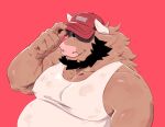  anthro beard belly black_beard black_facial_hair bovid bovine brown_body brown_fur cattle clothing facial_hair fur hat headgear headwear hi_res horn juicestandmango looking_at_viewer male mammal mango_(juicestandmango) overweight overweight_anthro overweight_male portrait red_background red_clothing red_hat red_headwear shirt simple_background solo tank_top tipping_hat topwear white_clothing white_shirt white_tank_top white_topwear 