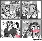 2024 4_panel_comic anthro apron asterisk_(symbol) bag black_apron black_clothing black_ears black_nose black_pawpads black_stripes black_text blush blush_lines blushing_profusely bodily_fluids bread canid canine canis cash_register cheek_tuft clothing collared_shirt comic comic_panel constricted_pupils dialogue digital_drawing_(artwork) digital_media_(artwork) dirty_dishes dishes display_case domestic_dog dress_shirt ellipsis emanata english_text facial_tuft felid female female/female flying_sweatdrops food gesture group hand_gesture heart_beating heart_symbol hi_res highlandkall holding_bag holding_object infatuation inner_ear_fluff interrupted_speech jun_(highlandkall) li_(highlandkall) long_tail looking_at_another looking_back looking_up mammal markings monochrome naomi_(highlandkall) oblivious onomatopoeia open_mouth open_smile pangolin pantherine partially_colored pawpads pink_blush pink_hearts pseudo_hair pupils question question_mark scale_hair scales shirt shocked side_part_hair signature sink small_ears small_pupils smile snout sound_effects speech_bubble spraying_water striped_markings striped_tail stripes sweat sweatdrop tail tail_markings text tiger topwear trio tuft waiting waiting_in_line washing_dishes water white_inner_ear white_inner_ear_fluff white_text