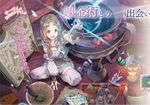  atelier_(series) atelier_firis berries book bottle braid brown_hair cauldron detached_sleeves feathers firis_mistlud from_above green_eyes jacket jewelry kneeling leaf long_hair official_art open_book open_mouth paper pestle scroll shiny solo thighhighs translation_request white_legwear yuugen 