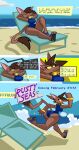  2026 absurd_res anthro aygee beach big_butt breasts brown_body brown_fur brown_hair butt canid canine canis clothing collar comic dialogue english_text female fur hair hi_res mammal mirig_(aygee) one-piece_swimsuit reclining running solo speech_bubble swimwear tail text wedge_(footwear) wolf yellow_sclera 