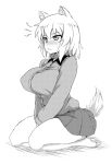  1girl absurdres angry animal_ears barefoot blush breasts closed_mouth commentary_request dog_ears dog_tail dress_shirt frown full_body girls_und_panzer greyscale highres itsumi_erika kemonomimi_mode kuromorimine_school_uniform large_breasts long_hair long_sleeves miniskirt monochrome pleated_skirt school_uniform seiza shanaharuhi shirt shout_lines sitting skirt solo sweatdrop tail tail_raised v_arms 