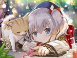  animal blanket blue_eyes blue_hat blush bow cat closed_mouth cup drink drinking_glass drinking_straw epaulettes eyebrows eyebrows_visible_through_hair frilled_sleeves frills hat hat_bow head_on_table kantai_collection kashima_(kantai_collection) liquid long_sleeves military military_uniform paws playing silver_hair sitting smile standing star table uniform wool yano_mitsuki 
