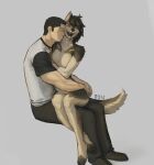 absurd_res anthro bottomwear breasts brown_body brown_fur canid canine canis clothing duo fangs featureless_breasts female female_anthro female_on_human fur happy hi_res hug human human_on_anthro interspecies intimate kissing_neck male male/female male_human male_on_anthro mammal nude nude_female on_lap open_mouth pants romantic romantic_couple sharp_teeth shirt sitting_on_lap smile t-shirt tail teeth the_emery topwear wolf