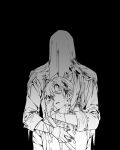  2boys black_background charon_(reverse:1999) closed_eyes coat commentary_request covered_face dirty dirty_clothes dirty_face dog_tags eberhard_braun full_body gloves greyscale highres holding_dog_tags hug hug_from_behind korean_commentary male_focus military_uniform monochrome mulkkachi multiple_boys reverse:1999 short_hair upper_body veil 