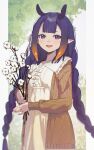  1girl :d absurdres ani_019 blunt_bangs braid brown_cardigan cable_knit cardigan center-flap_bangs collared_dress commentary cowboy_shot dress fang flower frilled_shirt_collar frills gradient_hair highres holding holding_flower hololive hololive_english letterboxed long_hair looking_at_viewer low_twin_braids mole mole_under_eye multicolored_hair ninomae_ina'nis official_alternate_costume open_mouth orange_hair pointy_ears purple_eyes purple_hair sidelocks smile solo teeth tentacle_hair twin_braids untranslatable_commentary upper_teeth_only very_long_hair virtual_youtuber white_dress 