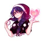  :3 black_capelet blue_eyes blue_hair braid capelet cropped_torso doremy_sweet dream_soul eyebrows_visible_through_hair hair_between_eyes hair_ribbon hands_up hat heart long_hair looking_at_viewer nightcap pom_pom_(clothes) red_ribbon ribbon santa_hat shan side_braid simple_background single_braid smile solo touhou upper_body white_background 