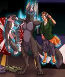 2017 ambiguous_gender anthro blue_sclera brown_hair canid canine clock clothing digitigrade ear_growth eyewear fazar featureless_crotch feral fox fur fur_growth glasses glowing glowing_eyes green_clothing green_shirt green_topwear group growth hair haurbus human human_to_feral long_ears mammal nude orange_sclera oversized_clothing shirt shrinking size_transformation smartwatch species_transformation tail tail_growth tall_ears topwear transformation trio watch