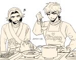  3boys adapted_costume animification antenna_hair apron beard_stubble clenched_teeth clothes_writing commentary_request cooking curtained_hair eddsworld english_text facial_hair food food_request green_yonggari hair_ears hand_on_another's_head hand_on_own_hip hand_up holding holding_ladle hood hood_down hoodie korean_commentary korean_text ladle long_sleeves looking_at_viewer looking_down male_focus mature_male mixed-language_text monochrome multiple_boys one_eye_closed patryck_(eddsworld) paul_(eddsworld) pushing_down scar scar_across_eye scar_on_face short_hair simple_background squiggle stove stubble sweater teeth thick_eyebrows tongue tongue_out tord_(eddsworld) translation_request turtleneck turtleneck_sweater white_background 