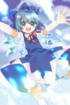 1girl :d aqua_eyes bloomers blue_bow blue_dress blue_hair blue_sky bow cirno cloud commentary_request day detached_wings dress feet_out_of_frame flying hair_bow highres ice ice_wings katsuragi_atori kneehighs neck_ribbon open_mouth outstretched_arms pinafore_dress puffy_short_sleeves puffy_sleeves red_ribbon ribbon shirt short_hair short_sleeves sky sleeveless sleeveless_dress smile socks solo teeth touhou twitter_username upper_teeth_only white_bloomers white_shirt white_socks wings 