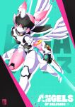  1girl absurdres angels_of_delusion aria_(zenless_zone_zero) breasts green_eyes highres holding holding_weapon humanoid_robot ketokung looking_at_viewer mechanical_arms mechanical_ears mechanical_legs robot robot_girl small_breasts solo weapon white_wings wings zenless_zone_zero 