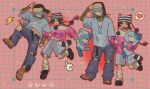  2boys :3 :d :o absurdres alternate_costume alternate_hairstyle animal_ear_headwear arrow_(symbol) bandaid bandaid_on_face bandaid_on_nose beanie belt belt_collar black_belt black_collar black_hair black_hat black_nails black_shirt blue_eyes blue_hair blue_shirt blush boots braid brown_boots brown_hat brown_shoes cellphone cellphone_strap closed_mouth collar collarbone contemporary contrapposto cursor denim diamond_print fashion full_body fur-trimmed_headwear fur-trimmed_shorts fur_trim grey_shorts grid_background groin hair_over_one_eye halftone hand_on_own_head happy hat heart highres holding holding_stuffed_toy houjou_tokiyuki_(nige_jouzu_no_wakagimi) jeans knee_cutout kneehighs lace-up_boots leg_up lightning_bolt_symbol locked_arms long_hair long_sleeves looking_at_viewer loose_socks low_ponytail male_focus midriff_peek multiple_boys multiple_views nail_polish navel nige_jouzu_no_wakagimi one_eye_closed one_eye_covered open_mouth outline pants parted_bangs phone pink_background pink_sweater pixel_art pom_pom_(clothes) pom_pom_beanie ponytail purple_eyes red_outline salute scar scar_on_stomach shirt shirt_under_shirt shoes shorts sidelocks_tied_back single_braid smile socks spoken_heart standing standing_on_one_leg star_(symbol) striped_clothes striped_hat striped_shirt stuffed_animal stuffed_toy surprised sweater teddy_bear thick_eyebrows torn_clothes torn_jeans torn_pants two-finger_salute two-tone_sweater ushanka wallet_chain white_hat white_socks white_sweater wolf_cut xiao_(creation0528) y2k_fashion yellow_shirt 