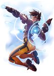  armor ass bodysuit brown_hair brown_jacket glowing gun jacket jumping mike_nesbitt orange_bodysuit overwatch screening shoes signature solo tracer_(overwatch) weapon yellow_legwear 