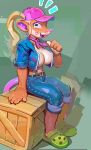2025 activision american_opossum anthro baseball_cap big_breasts biped breasts cleavage clothed clothing crash_bandicoot_(series) crash_team_racing_(series) crash_team_racing_nitro-fueled crate crocs cropped_jacket digital_media_(artwork) digital_painting_(artwork) female flo footwear hair hat headgear headwear hi_res kiss_mark looking_at_viewer mammal marsupial painting_(artwork) pasadena_o'possum pigtails sitting smile solo virginia_opossum