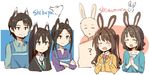  4girls ? akni animal_ears apron beard blush bow bowtie brown_hair bunny bunny_ears cardigan closed_eyes crossed_arms earrings expressionless facial_hair family father_and_daughter goatee green_eyes half_updo hands_together happy idolmaster idolmaster_cinderella_girls jewelry long_hair mother_and_daughter multiple_boys multiple_girls mustache necktie one_side_up open_mouth school_uniform shibuya_rin shibuya_rin's_father shibuya_rin's_mother shimamura_uzuki shimamura_uzuki's_mother shirt smile sweater upper_body wolf wolf_ears 
