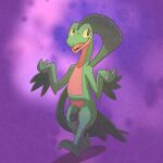 1:1 2_fingers 2_toes animal_genitalia anthro argon_vile balls feet feral fingers flaccid gecko generation_3_pokemon genitals gesture green_body grovyle hi_res leaf leaf_hair leaf_tail lizard male multicolored_body nintendo penis plant plant_hair pokemon pokemon_(species) pseudo_hair purple_background red_body reptile scalie sheath shrug simple_background smile solo striped_balls striped_genitalia stripes tail toes tongue two_tone_body walking yellow_sclera