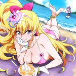  adapted_costume anklet asahina_mirai ass ball barefoot beach beachball bikini blonde_hair bow bracelet breasts chin_rest cleavage covered_nipples cure_miracle day feet food foreshortening gloves hair_bow hat huge_breasts ice_cream izayoi_liko jewelry long_hair looking_at_viewer lying mahou_girls_precure! mini_hat mini_witch_hat multiple_girls nakahira_guy ocean on_stomach outdoors pink_hat precure purple_eyes purple_hair sand school_swimsuit side_ponytail smile sundae sweat swimsuit tree wading water white_gloves witch_hat 