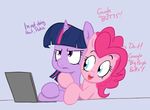  ! blue_eyes computer dialogue duo earth_pony english_text equine female feral friendship_is_magic hair horn horse laptop mammal my_little_pony pink_hair pinkie_pie_(mlp) pony purple_eyes shoutingisfun simple_background text tongue twilight_sparkle_(mlp) unicorn 