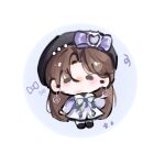  1girl absurdly_long_hair beret black_boots black_hat boots bow bowtie brown_eyes brown_hair carefree_moments_(infinity_nikki) chibi chinese_commentary circle commentary_request dress earrings fengmi_youzi_hua grey_bow grey_bowtie hair_between_eyes hand_up hat hat_bow hat_ornament heart heart_earrings heart_hat_ornament highres infinity_nikki jewelry jirai_kei light_blush light_particles long_hair long_sleeves looking_ahead nikki_(series) no_mouth parted_bangs puffy_long_sleeves puffy_sleeves purple_bow purple_dress sailor_collar solid_oval_eyes solo star_(symbol) straight_hair very_long_hair white_background white_sailor_collar 