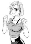  1girl asymmetrical_bangs bra_strap breasts clenched_hands collarbone commentary_request contrapposto cropped_shirt earrings greyscale hand_wraps highres jewelry lee_(dragon_garou) monochrome navel original short_hair small_breasts smile solo stud_earrings upper_body 